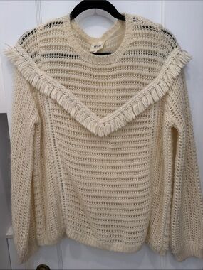 Sezane Cream Fringe Scoop-Neck Open Knit Sweater Jumper L